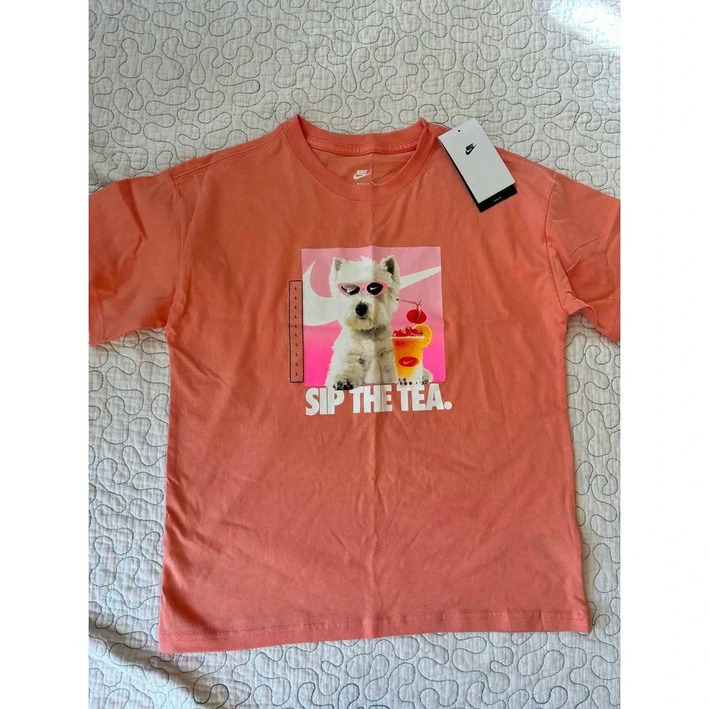 Nike Girls Sip The Tea T-Shirt‎ Peach Westie Dog Short Sleeve Size Large